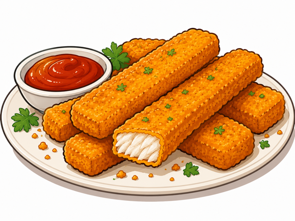 Plate of fishsticks with ketchup.